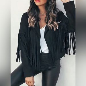 Cupcakes and cashmere suede black fringe jacket